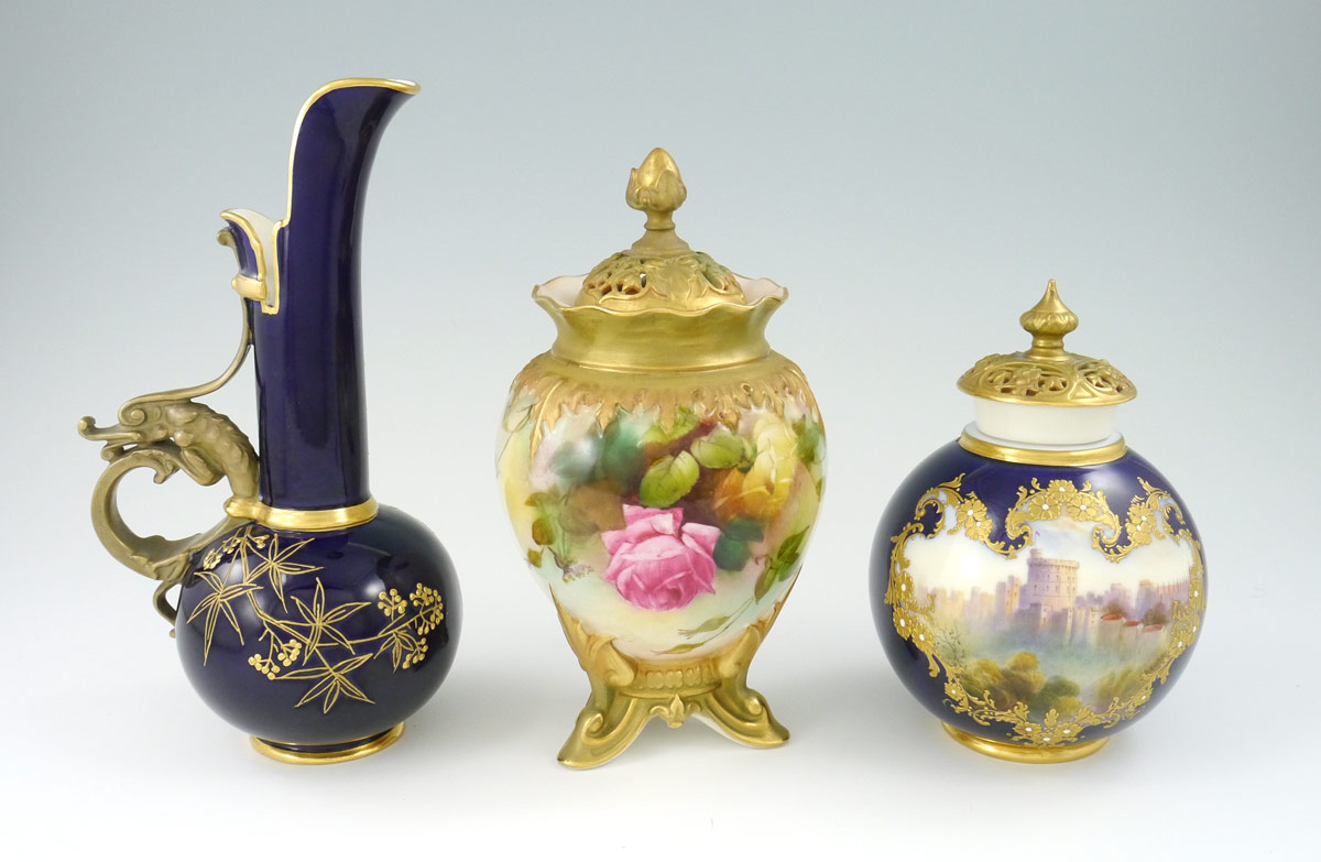 Appraisal: ROYAL WORCESTER JARS AND A PITCHER Dragon handle ewer Cobalt