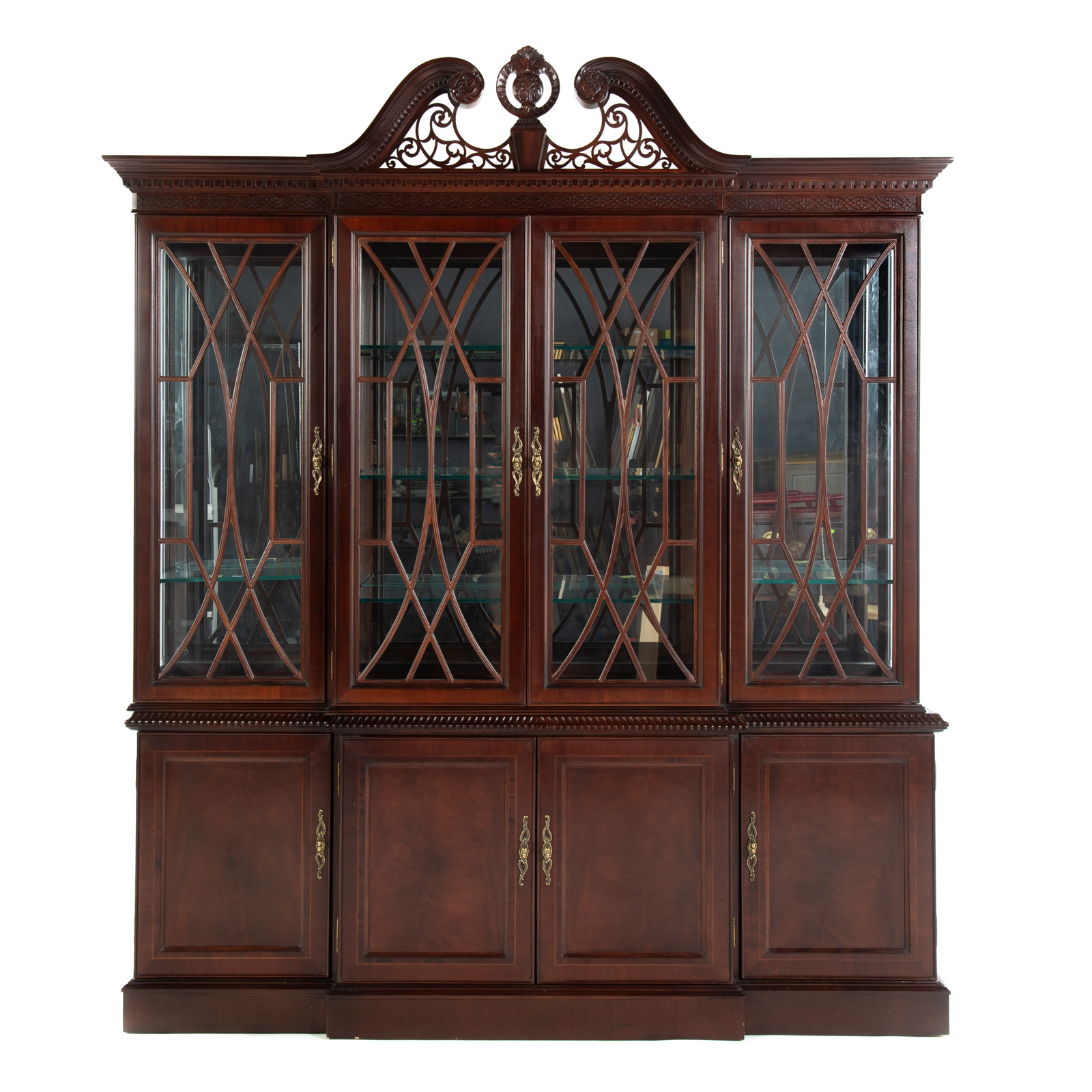 Appraisal: BERNHARDT CHIPPENDALE STYLE MAHOGANY BREAKFRONT Late th century broken arch