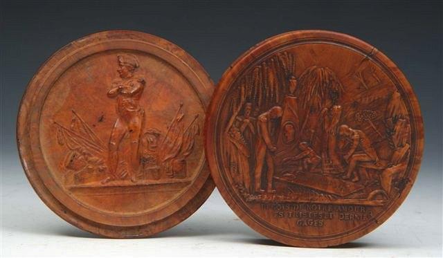 Appraisal: A BURR WOOD CIRCULAR SNUFF BOX engraved in relief of