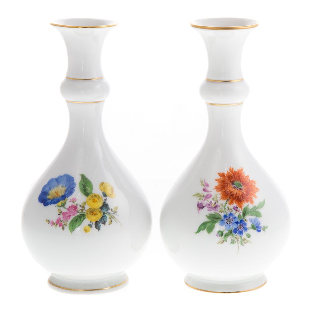 Appraisal: Pr Meissen Porcelain Floral Decorated Bottle Vases th century gilt