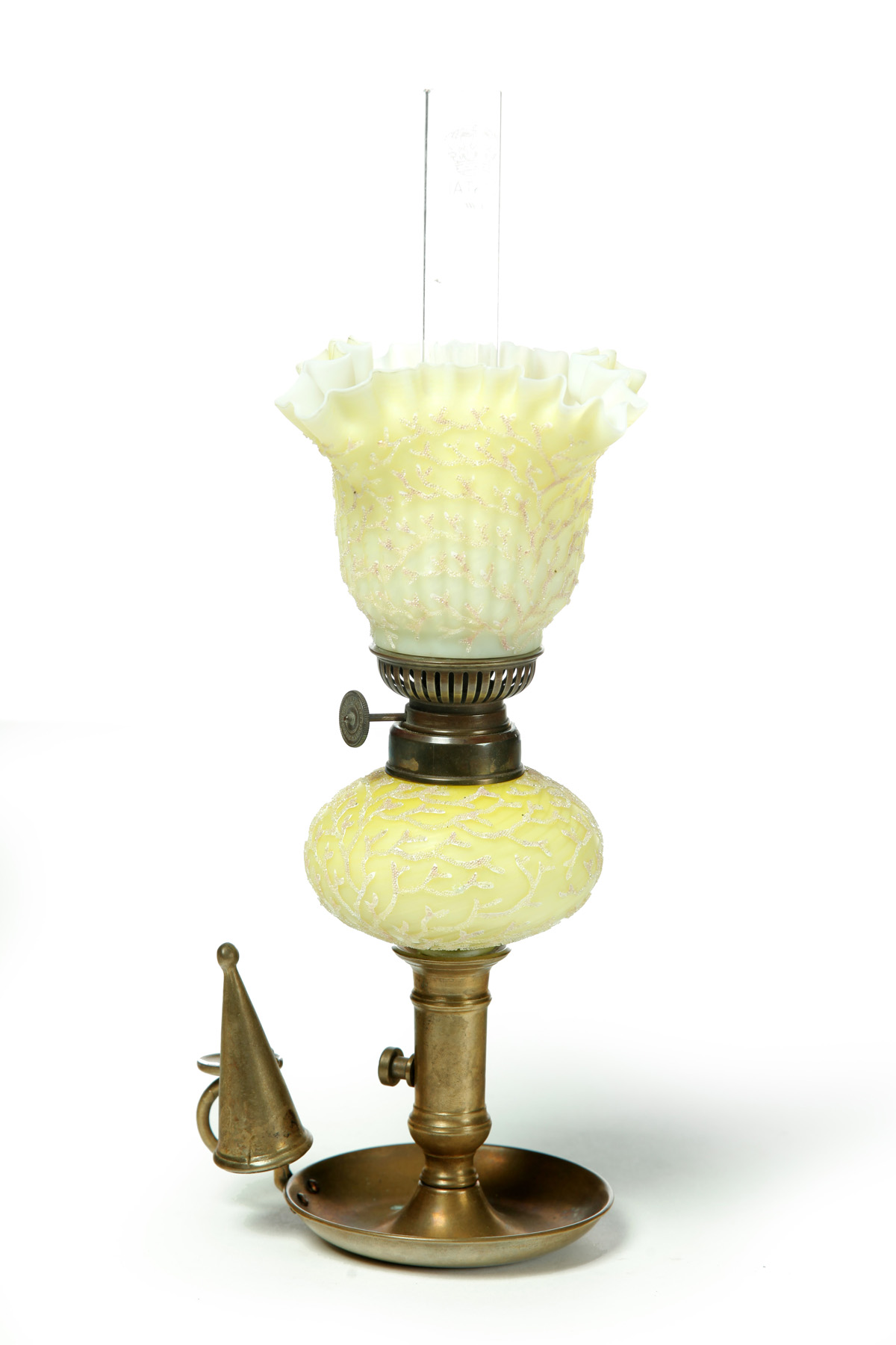 Appraisal: YELLOW SATIN GLASS CORALENE PEG LAMP American th quarter- th