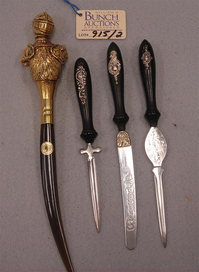 Appraisal: Lot of vintage medieval themed letter openers Including a suit