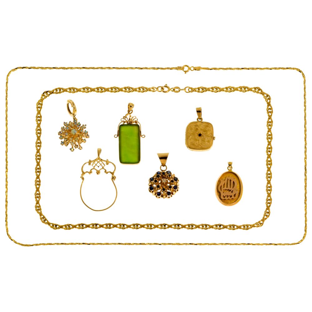 Appraisal: K GOLD AND GEMSTONE PENDANT AND NECKLACE ASSORTMENT items including