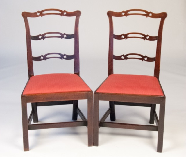 Appraisal: Pair of Late Chippendale Style Mahogany Chairs Ribbon backs ''H