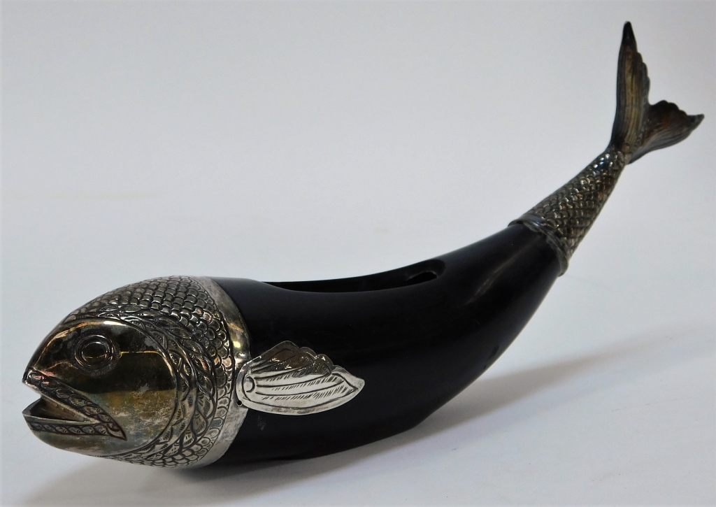 Appraisal: ISLAMIC SILVER DECORATED CARVED HORN FIGURAL FISH Middle East th