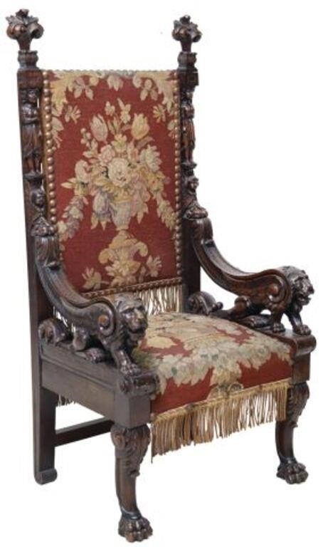 Appraisal: FRENCH RENAISSANCE REVIVAL CARVED LION ARMCHAIRFrench Renaissance Revival carved throne