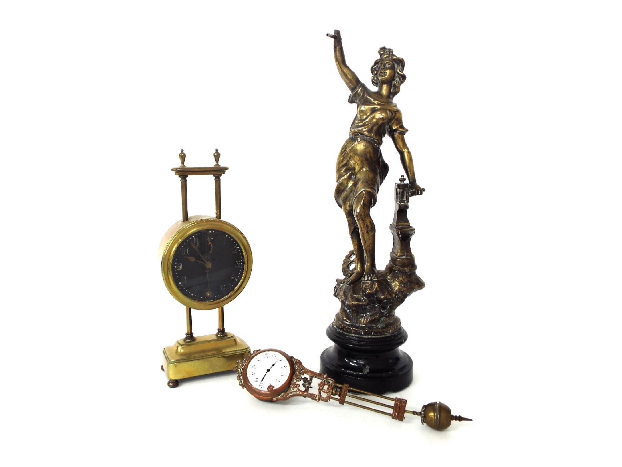 Appraisal: Brass gravity mantel timepiece high also a figural mystery mantel