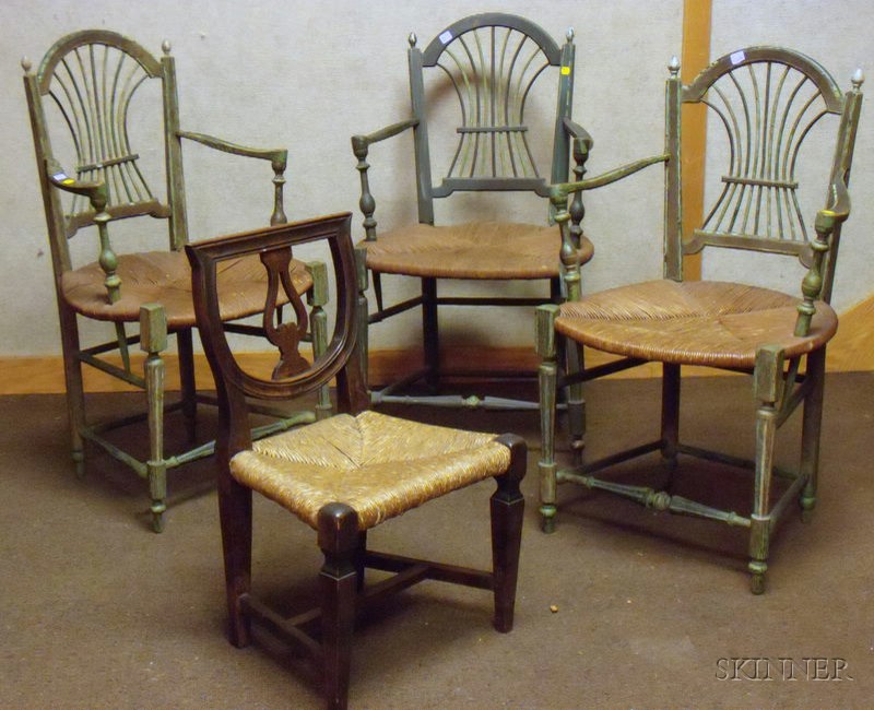 Appraisal: Set of Three Provincial Green-painted Wooden Armchairs and a Provincial