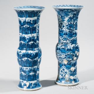 Appraisal: Near Pair of Blue and White Gu -shape Vases Near