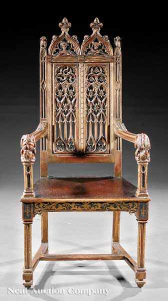 Appraisal: A Continental Gothic Carved Gilded and Polychromed Armchair probably mid-