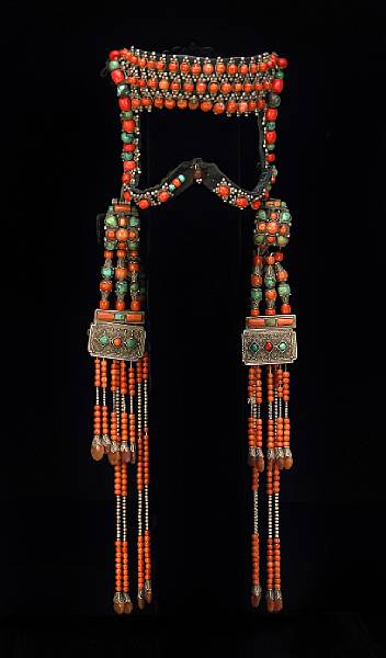 Appraisal: A Mongolian woman's headdress Including a black cotton head piece