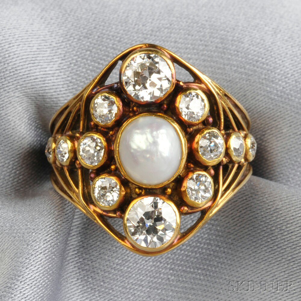 Appraisal: Antique kt Gold Split Pearl and Diamond Ring of navette