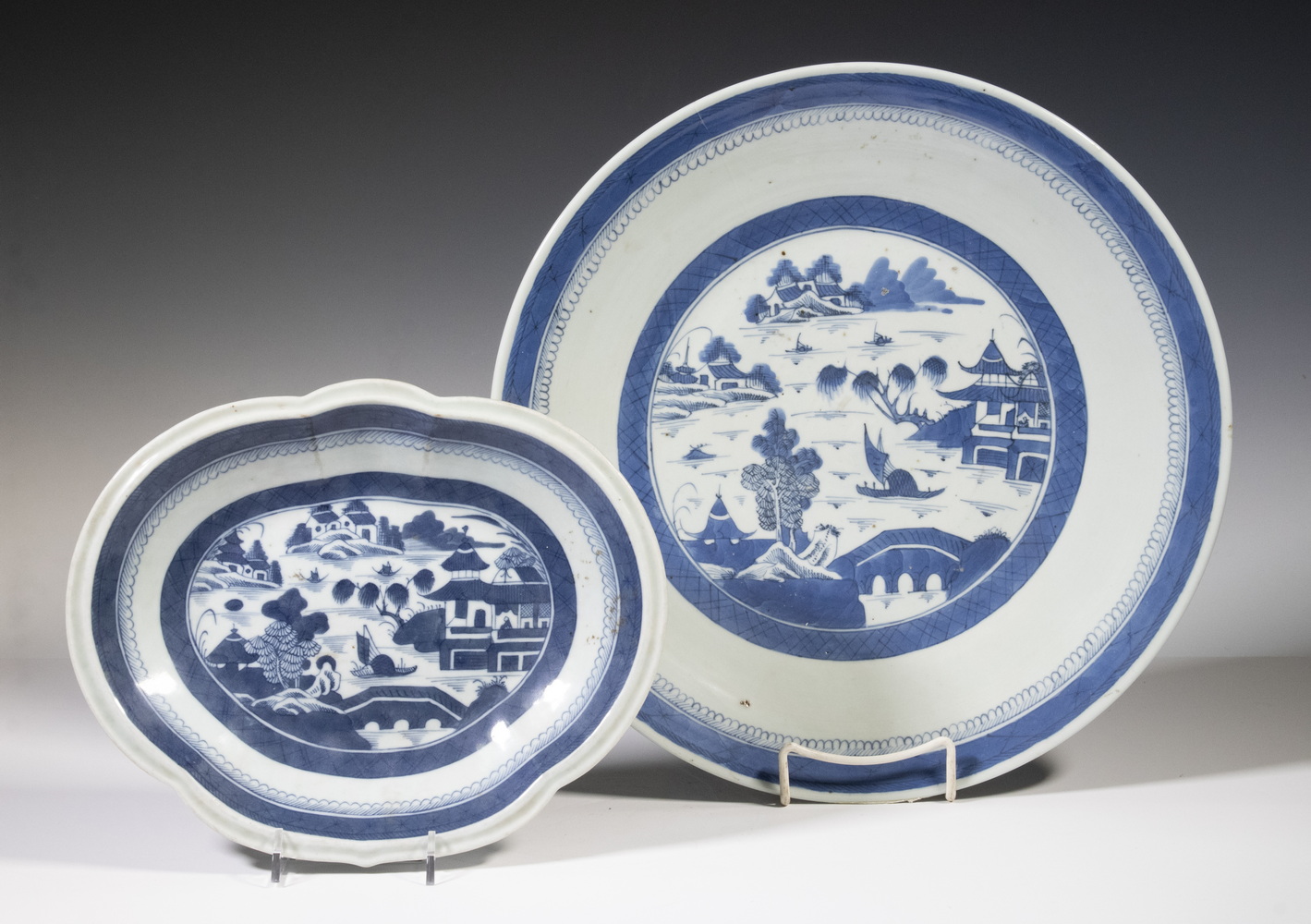 Appraisal: BLUE WHITE CANTON PLATTERS Lot of th c Chinese Export