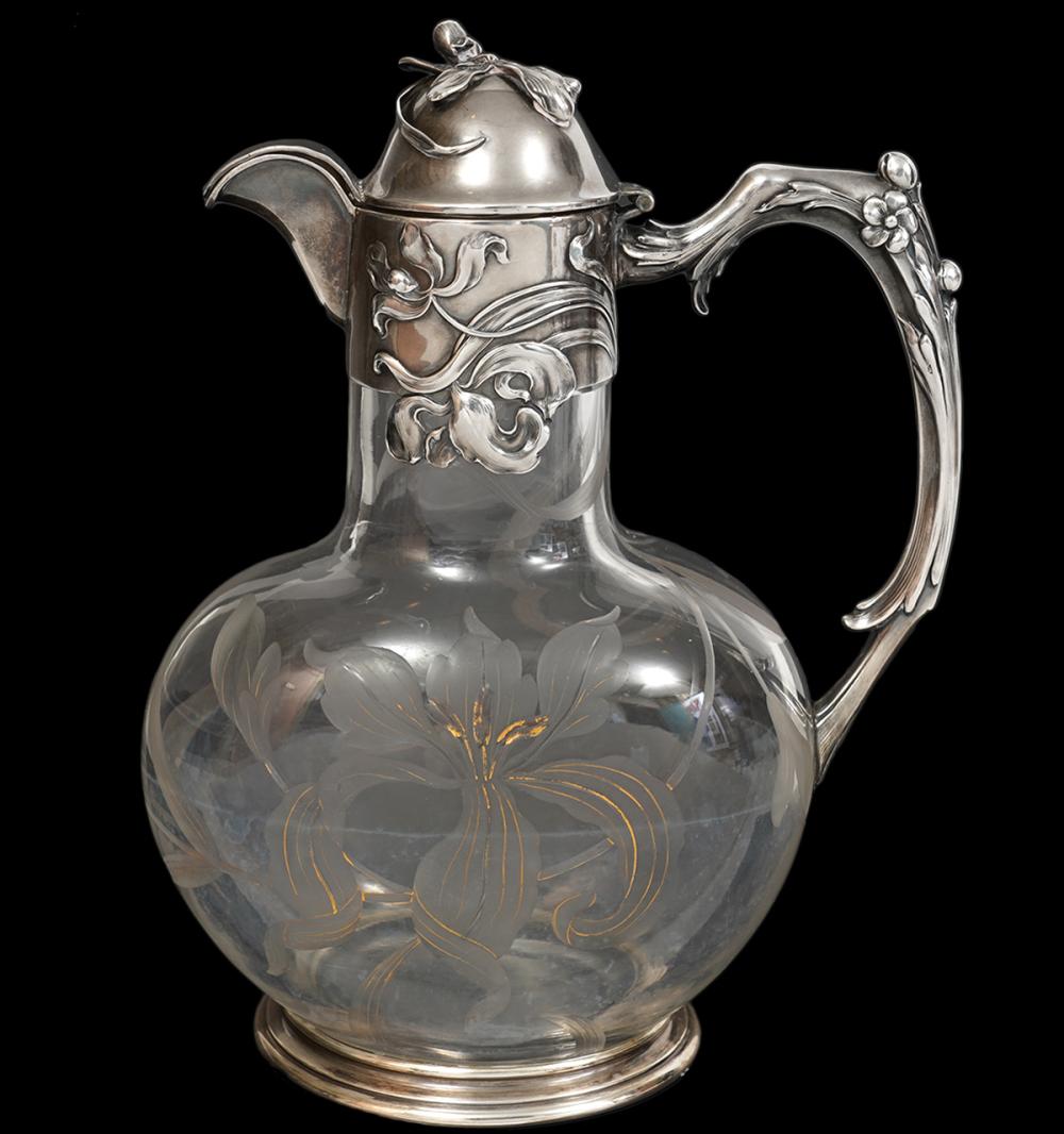 Appraisal: GERMAN ART NOUVEAU CRYSTAL SILVER EWERGerman Art Nouveau crystal ewer