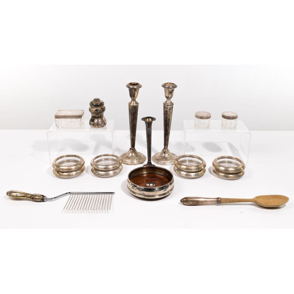 Appraisal: STERLING SILVER TABLEWARE ASSORTMENTIncluding candlesticks utensils coasters vase and jars