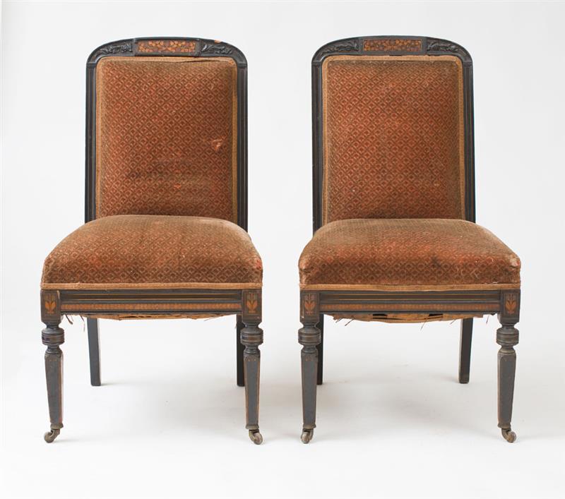 Appraisal: POTTIER STYMUS ATTRIBUTION PAIR OF SIDE CHAIRS Ebonized finish gilt-incising