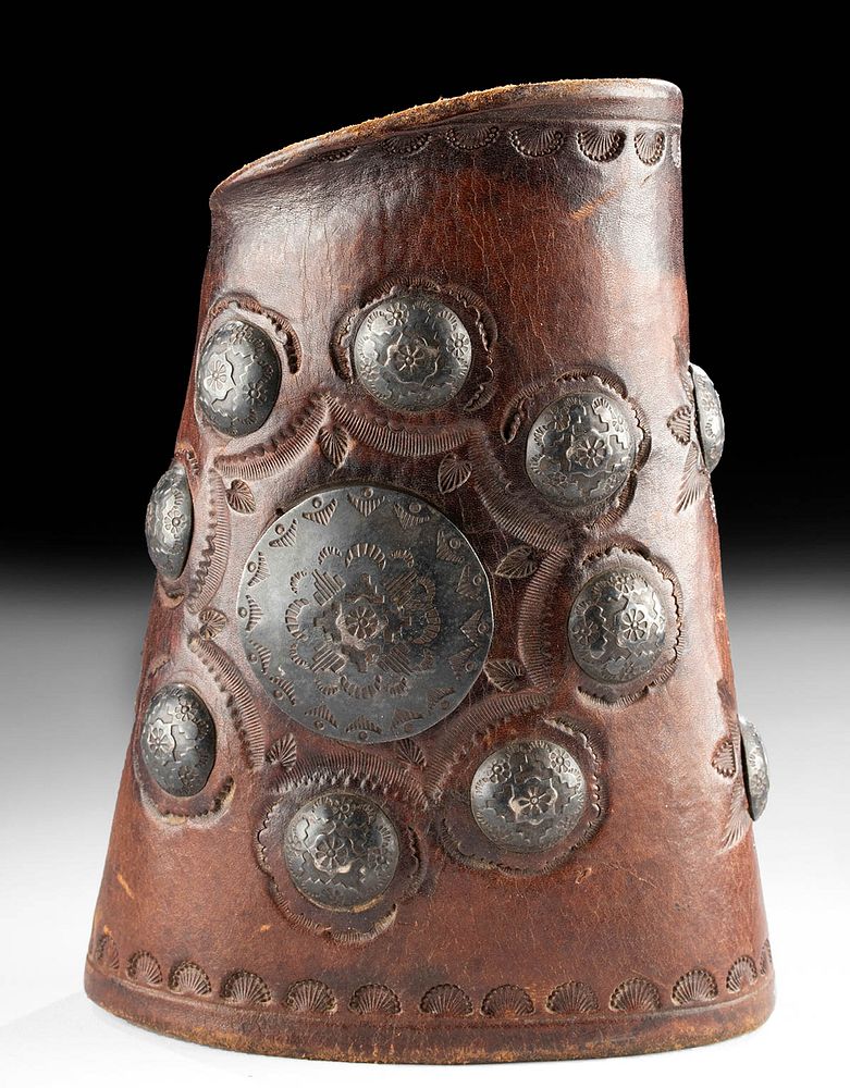 Appraisal: th C Mexican Leather Cuff w Silver Conchos Originally Listed