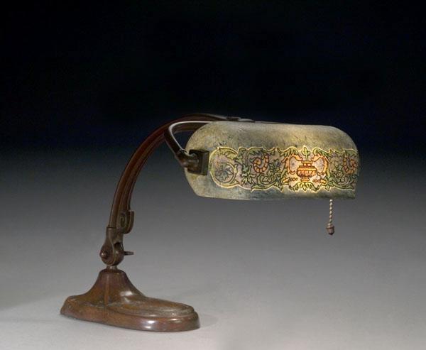 Appraisal: HANDEL DESK LAMP WITH CHIPPED OBVERSE PERSIAN SHADE chipped obverse-painted