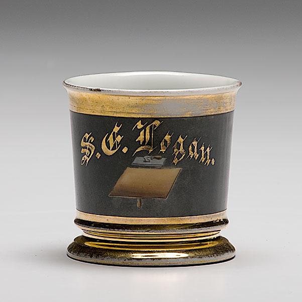 Appraisal: GOLD LEAF DECORATOR'S OCCUPATIONAL SHAVING MUG porcelain with polychrome scene