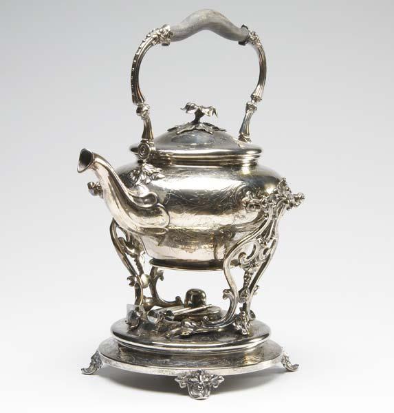 Appraisal: CHRISTOFLE TEA KETTLE Silver plated with matching stand both chased