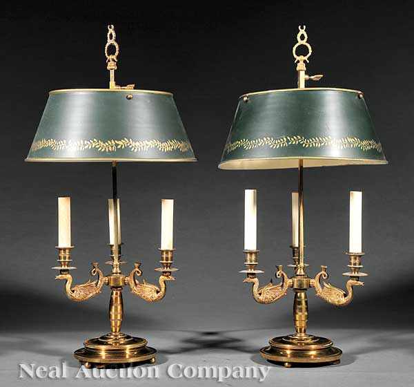 Appraisal: A Pair of French Three-Light Bouillotte Lamps th c gilt