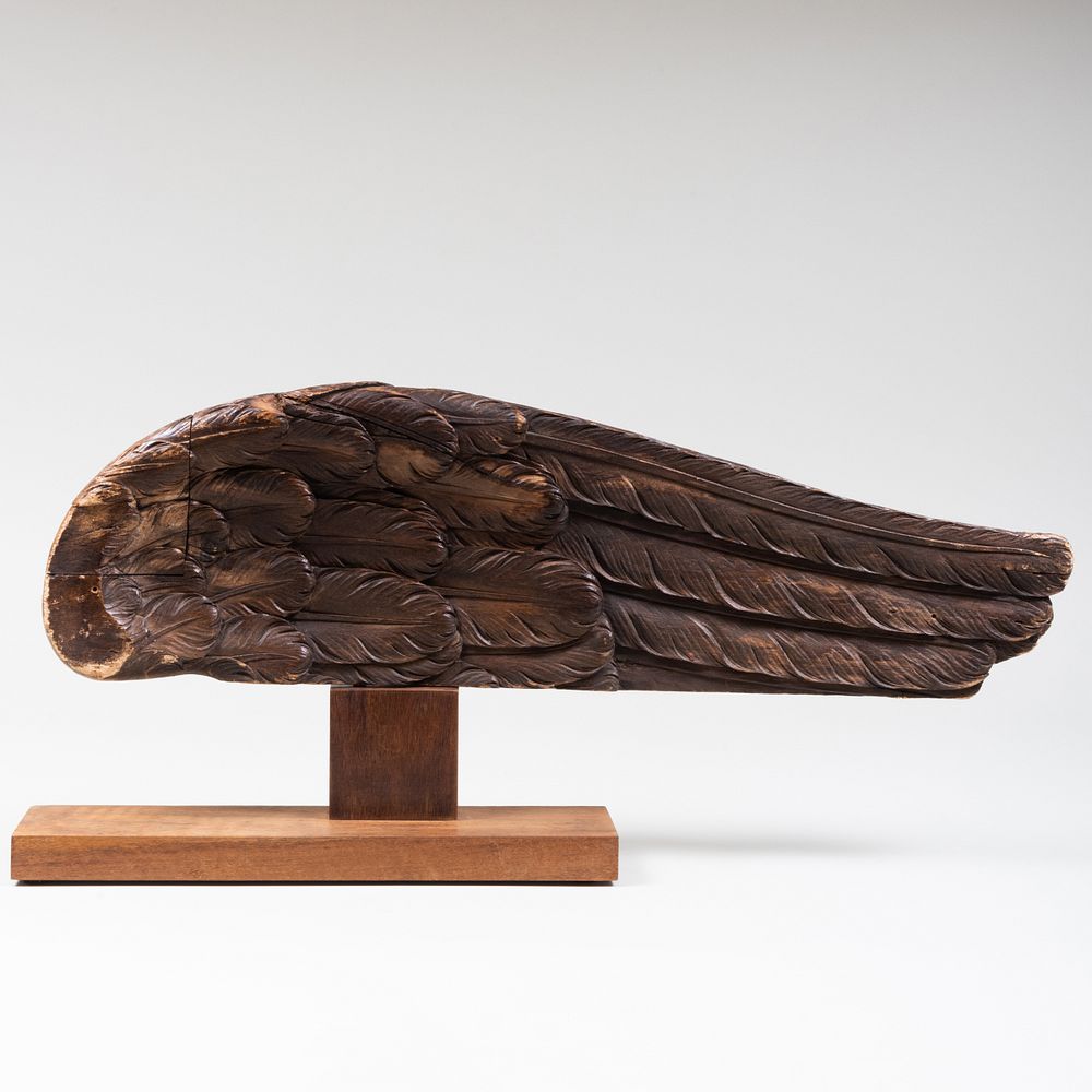 Appraisal: Carved Stained Wood Wing Fragment Probably English Raised on wood