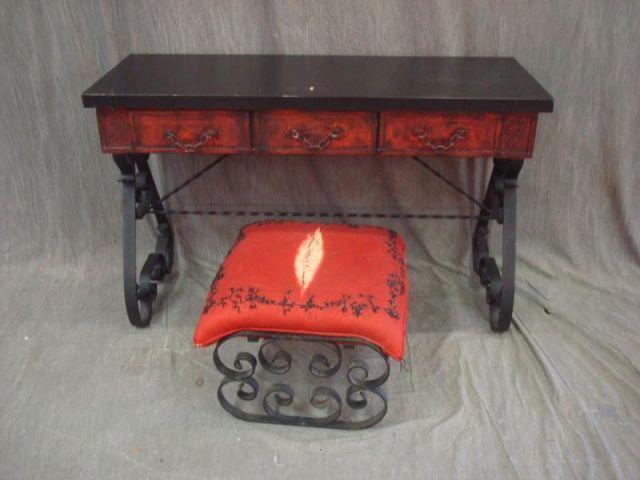 Appraisal: Wrought Iron Red Painted Desk Matching Ottoman upholstery as-is Dimensions