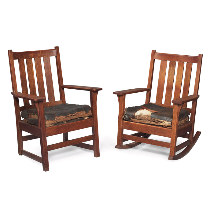 Appraisal: L JG Stickley armchair and rocker and four vertical slats