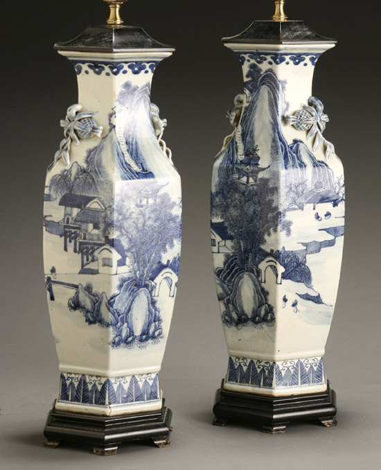 Appraisal: Pair of Chinese Blue and White Hexagonal 'Yen-Yen' Vases Guangxu-Xuantong