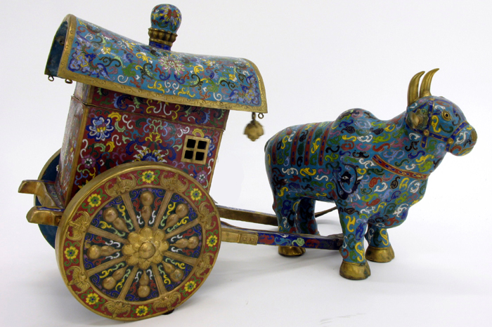 Appraisal: CLOISONNE ENAMELED METAL PASSENGER CART AND STYLIZED OX The large