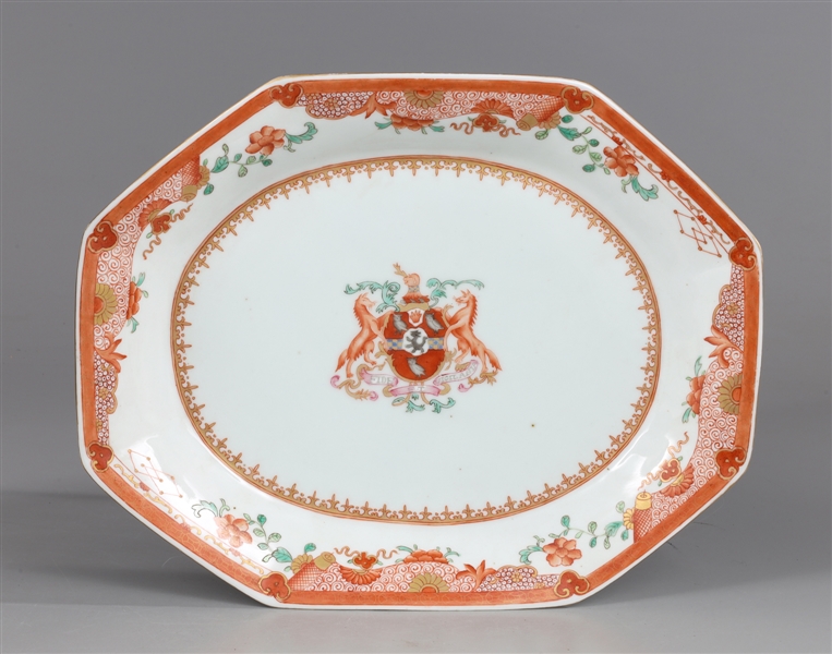 Appraisal: Chinese red and white octagonal import porcelain plate featuring coat