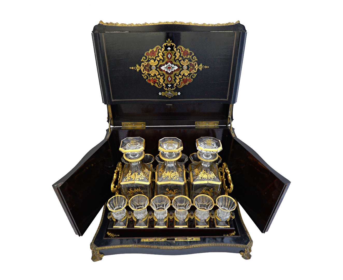 Appraisal: A French brass and tortoiseshell 'Bouille' inlaid ebonised decanter case