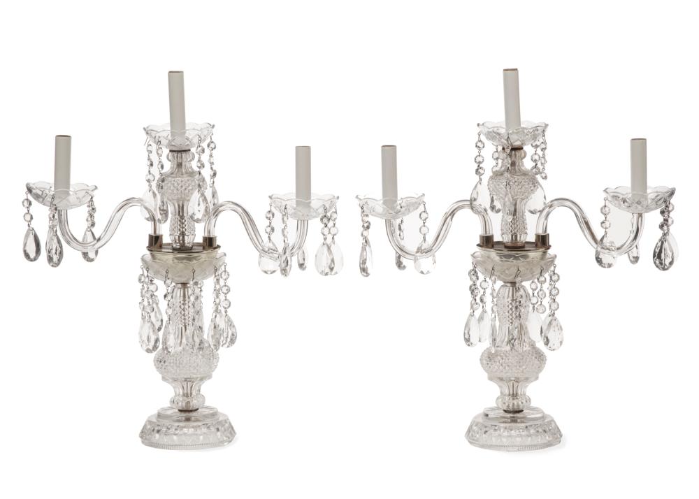 Appraisal: Pair of Cut Glass Three-Light Candelabra scroll arms diamond pattern