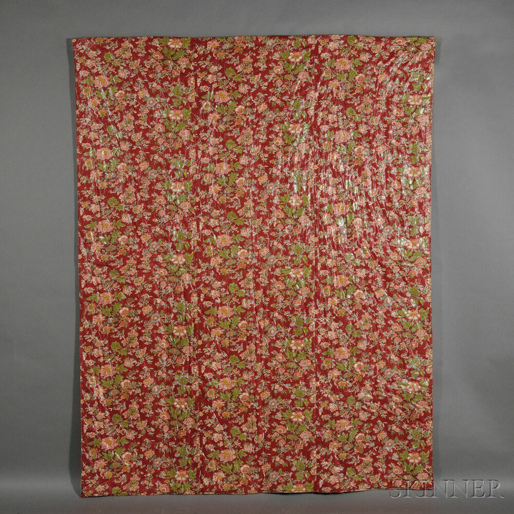 Appraisal: Red Floral-printed Cotton Chintz Quilt America th century three-piece glazed