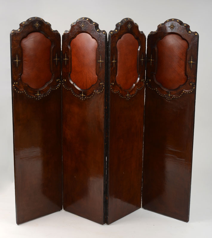 Appraisal: Spanish Baroque Style Brass-Studded Leather and Leather-Mounted Four-Fold Screen ft