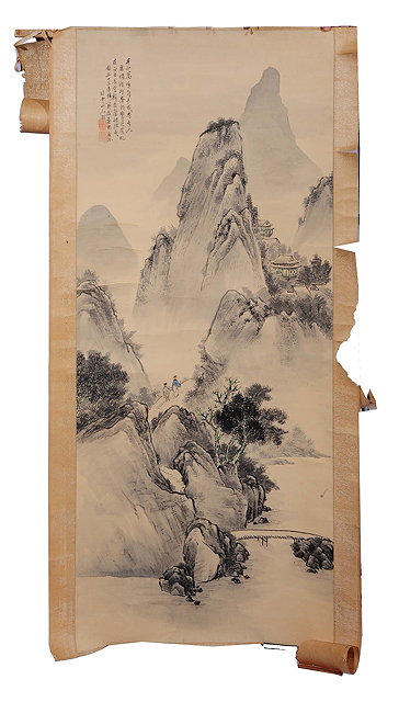 Appraisal: Chinese SchoolA scroll depicting a mountain landscape with figures with