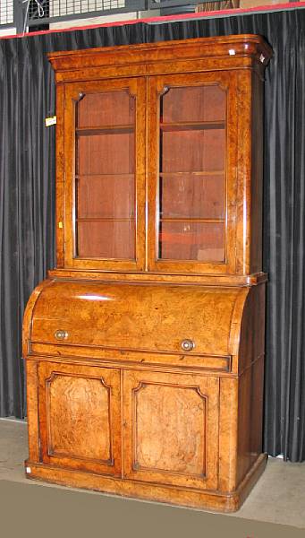 Appraisal: A Victorian burl walnut veneered secretary bookcase last quarter th