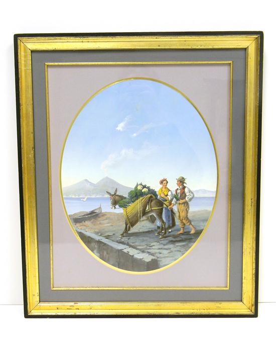 Appraisal: Oval-shaped gouache on paper of Italian scene showing peasant man