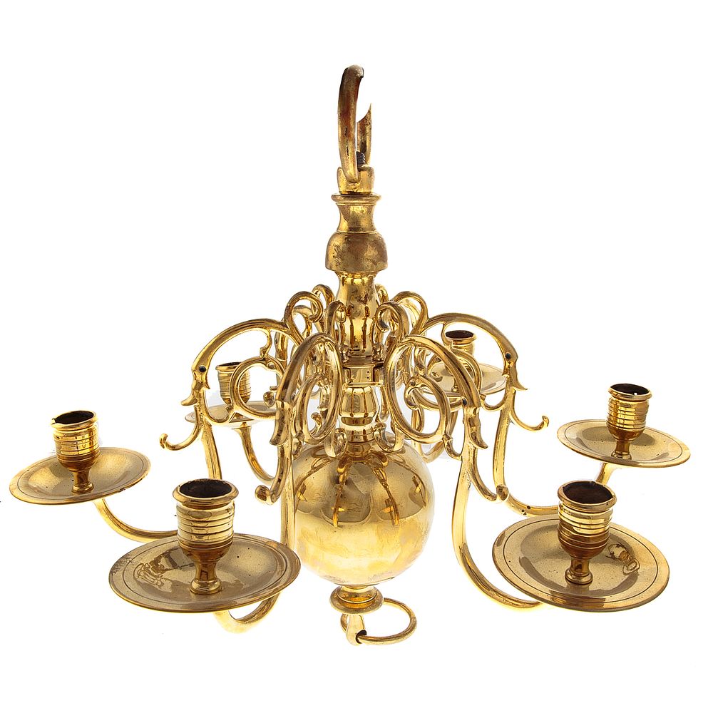 Appraisal: Dutch Brass Six Arm Chandelier th century spherical form with