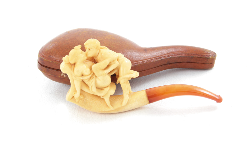 Appraisal: Erotic couple meerschaum pipe th century with original leather fitted