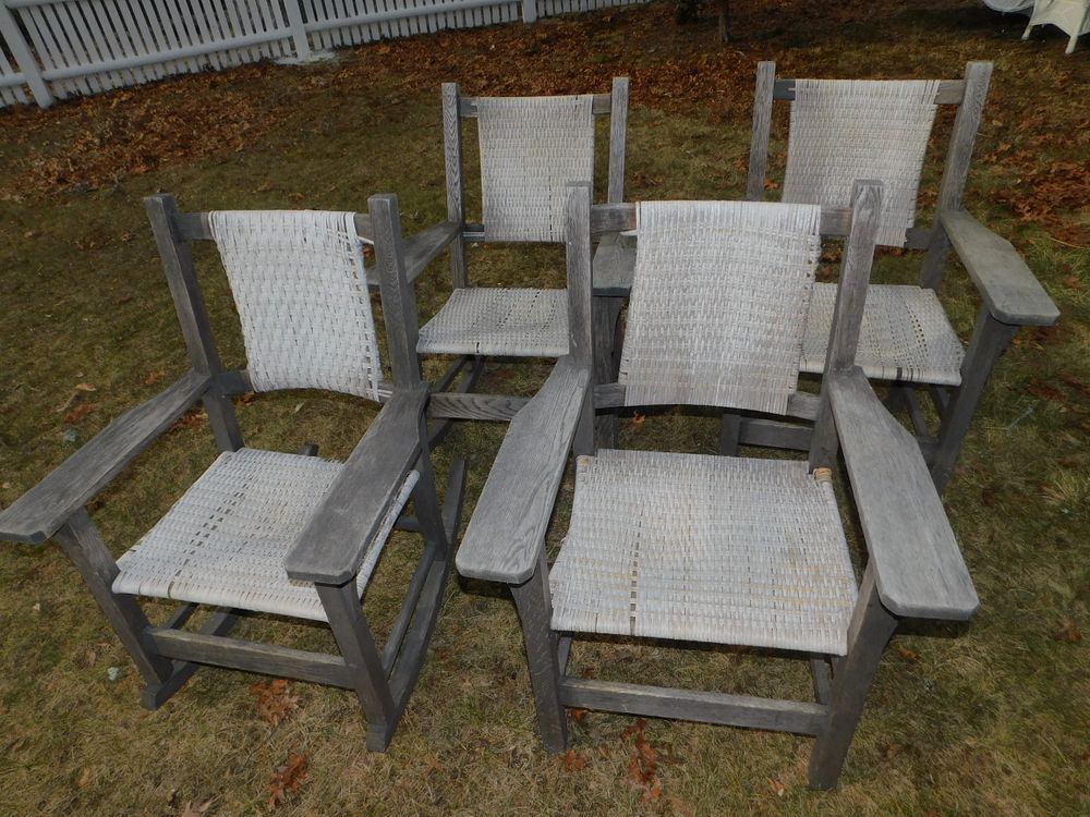 Appraisal: WOOD OUTDOOR CHAIRS Set old mission style weathered wood outdoor