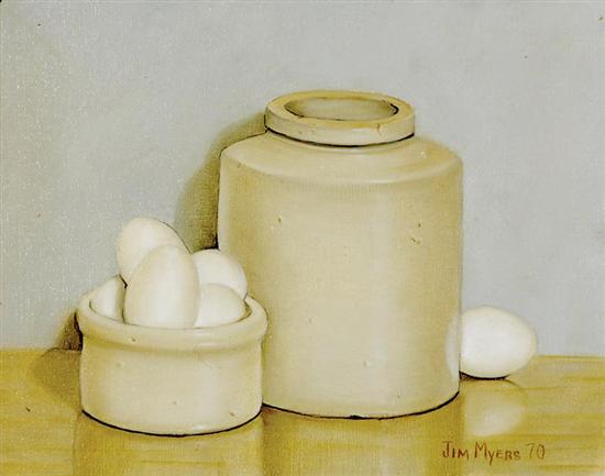 Appraisal: Jim Meyers American school th century EGGS oil on canvas