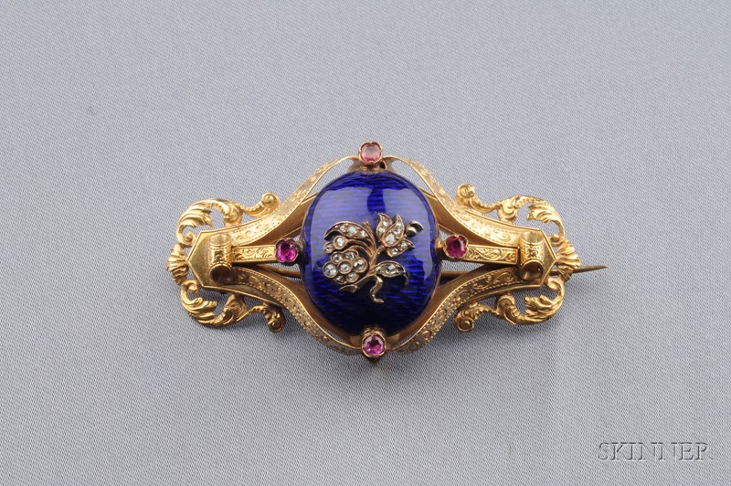 Appraisal: Antique kt Gold Enamel and Gem-set Brooch the central enamel