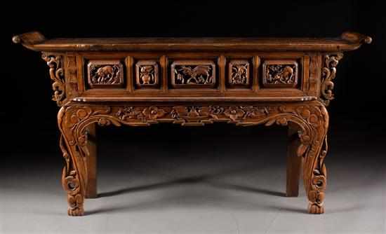 Appraisal: Chinese carved elmwood altar table early th century five carved