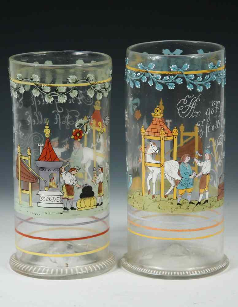 Appraisal: PAIR GERMAN ENAMELED GLASS BEAKERS - Handblown Beakers dated inscribed