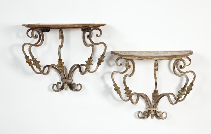 Appraisal: Pair of French Patinated and White-Painted Wrought-Iron Console Tables first