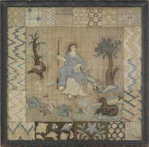 Appraisal: Silk on linen pictorial darning sampler late th c x