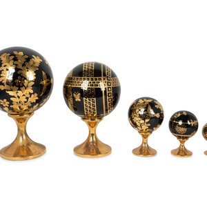 Appraisal: Five Italian Parcel-Gilt and Black-Glazed Porcelain Globes MARKED PIU PIU