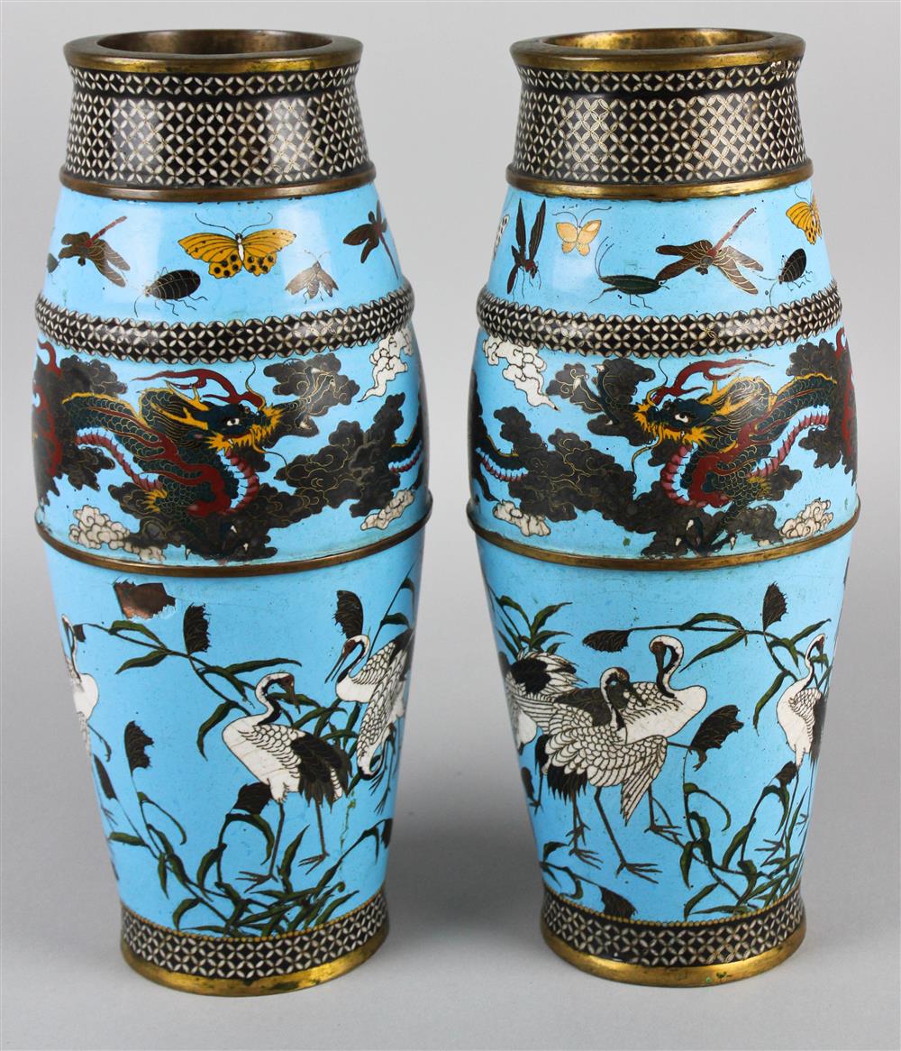 Appraisal: PAIR OF JAPANESE CLOISONNE ENAMEL VASES MEIJI PERIOD crafted in