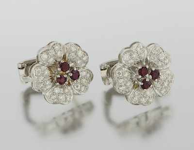 Appraisal: A Pair of Diamond and Ruby Flower Earrings k white